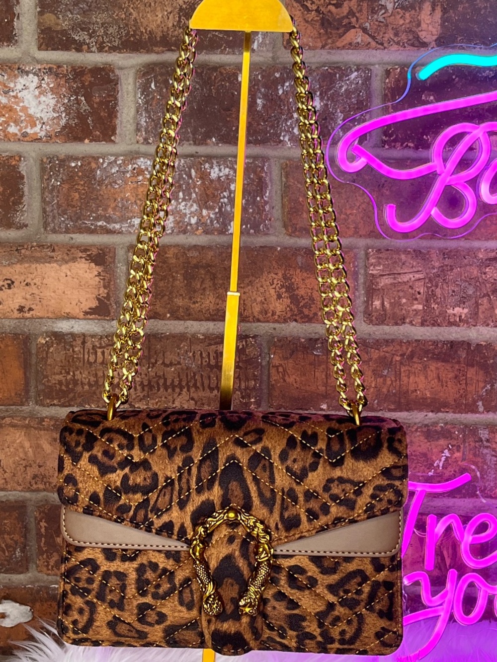 Luxury Inspired Leopard Brown w/Gold Shoulder Chain Bag